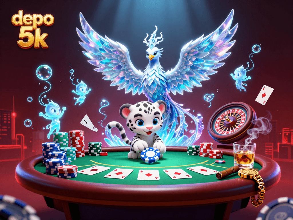 Engage in the gaming excitement with depo 5k poker elements and vibrant characters in a dynamic 3D scene.