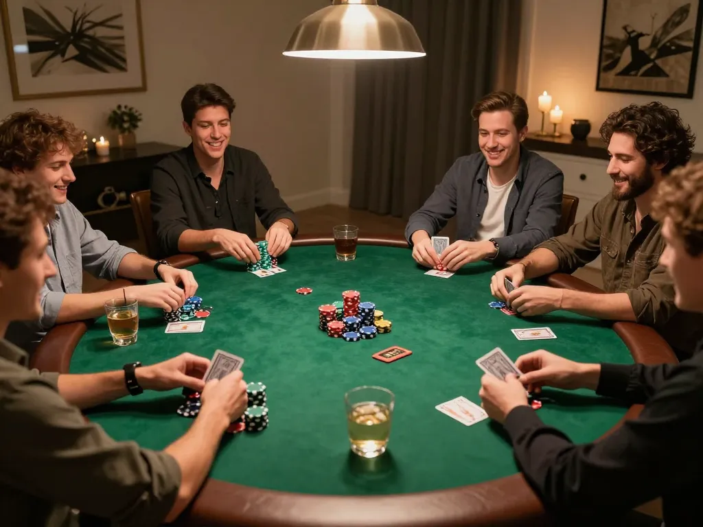 Engaged players enjoying a poker game at home with UK88 chips and cards on a stylish table.