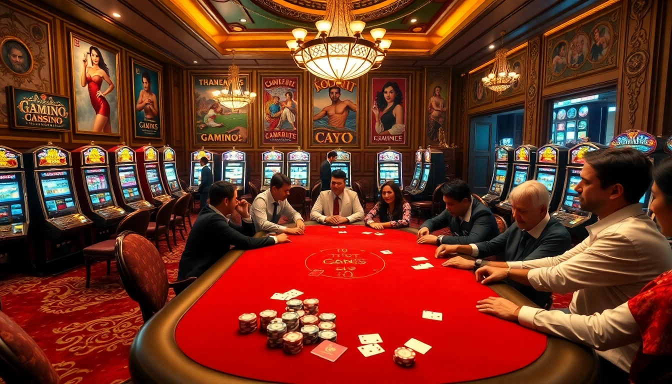 Situs toto betting at a luxurious casino poker table with vibrant slot machines in the background