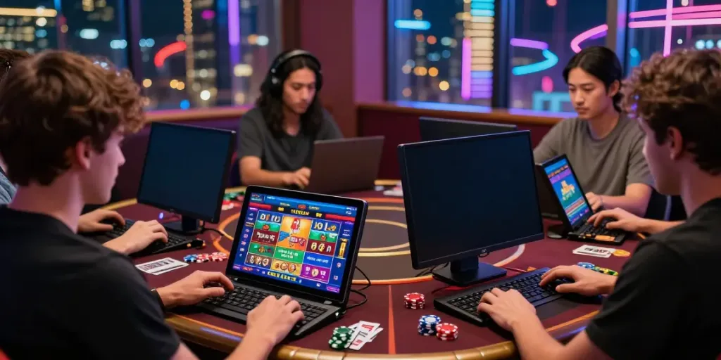 Engaging online gambling experience using the xx88 platform with players at colorful gaming stations.
