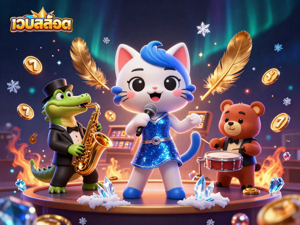 Spinning เว็บสล็อต reels featuring a jazz-singer cat, saxophone crocodile, and drum-playing bear.