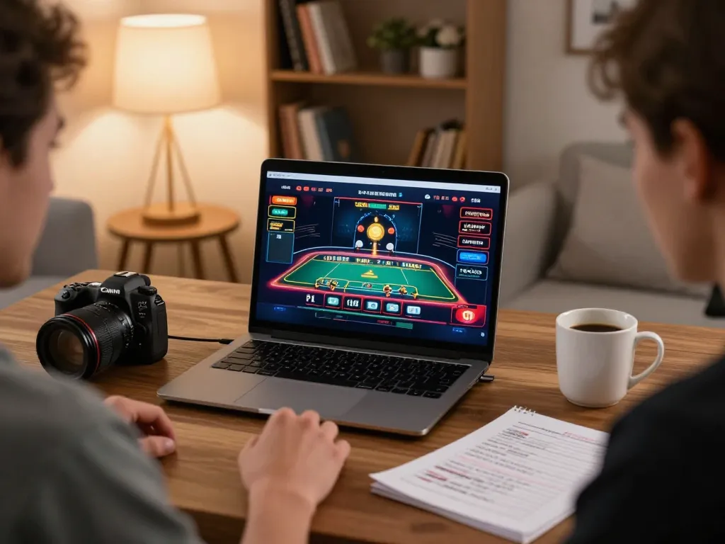 The user engages with online casino games at https://xx88.video/ on a laptop, exemplifying responsible gaming in a comfortable home setting.