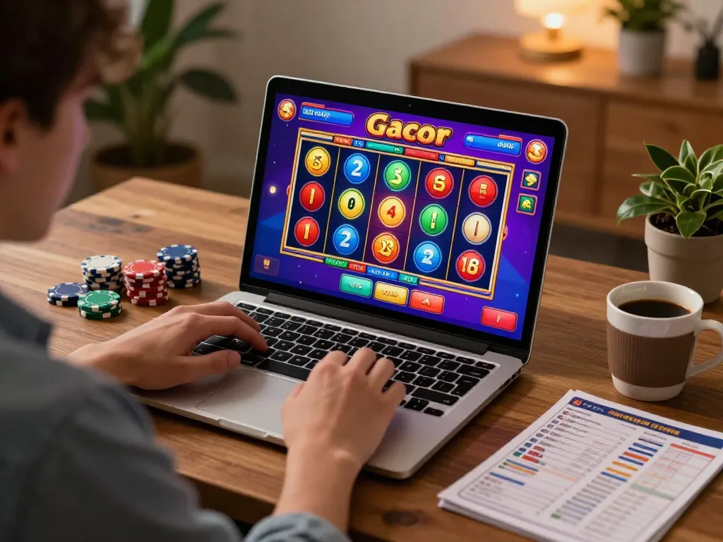 Bermain permainan slot gacor di laptop di rumah, menyoroti visual yang cerah dan atmosfer strategis.
