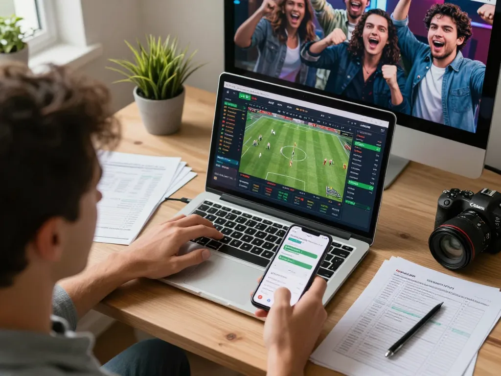 BL555 user placing strategic sports bets on laptop, showcasing an immersive home gaming environment.