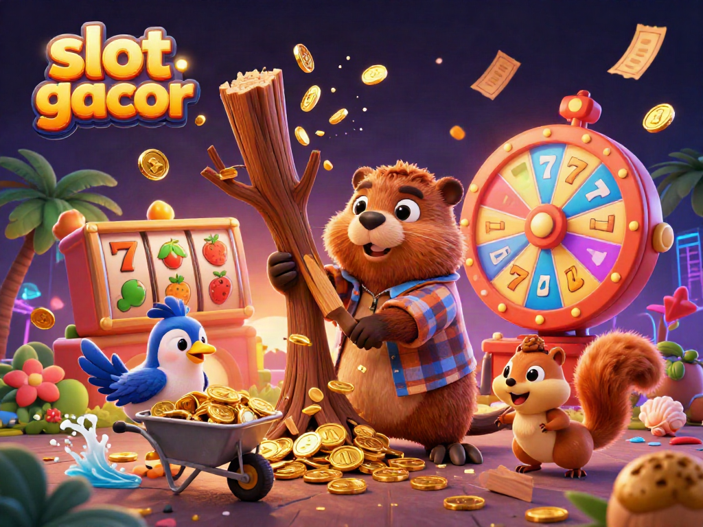 Permainan slot gacor dengan beaver pemotong pohon yang mengeluarkan koin emas.