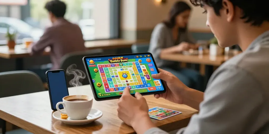 Enjoying the Rumble Rummy app while sipping coffee in a cozy café.