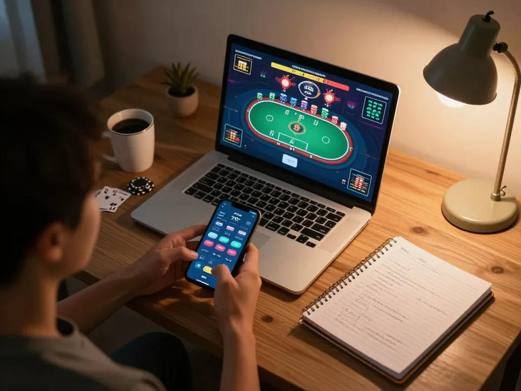 Engaging in online casino gaming at nk88 using smartphone with strategy notes nearby.