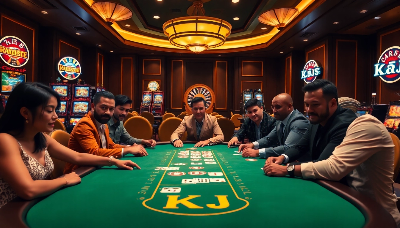 Engaged players at KJC's luxurious poker table, showcasing high-stakes gambling excitement.