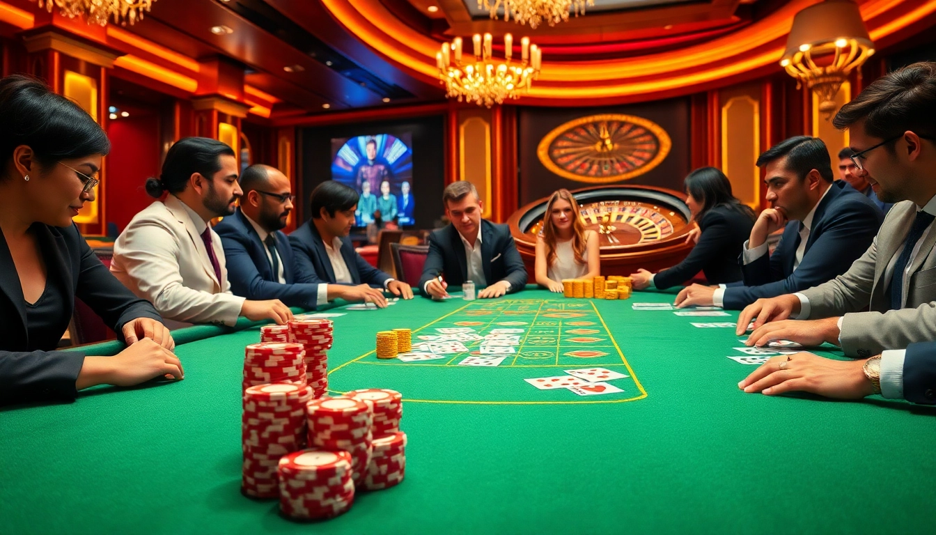 Players engaging in high-stakes poker at 8day casino, showcasing excitement and luxury.