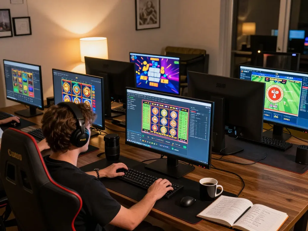Player enjoying LV88's online casino games in a vibrant home office setting.