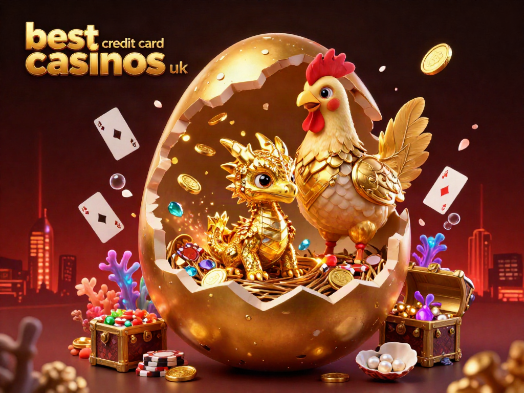 Experience the excitement of the best credit card casinos uk with a vibrant 3D illustration depicting a golden dragon and poker chips.