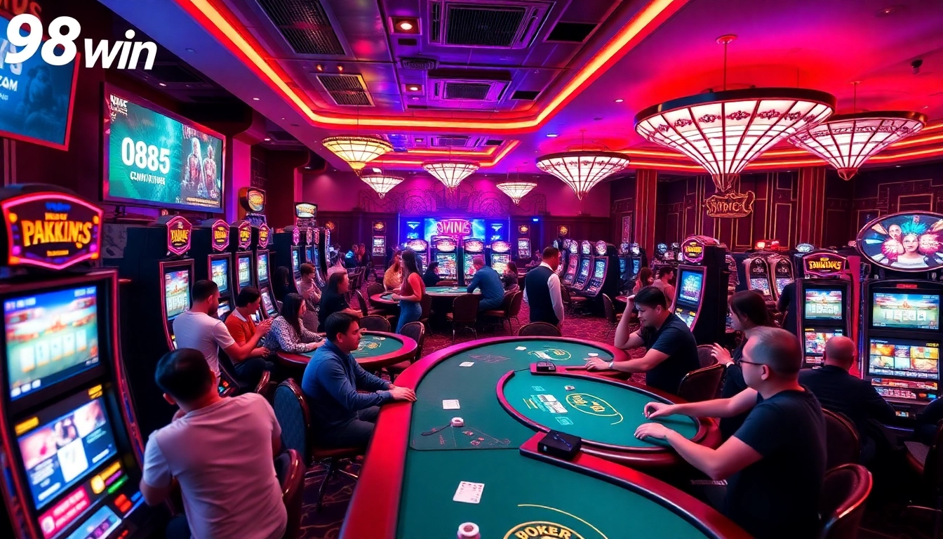 Exciting casino atmosphere at 98win with players enjoying poker and slot machines.