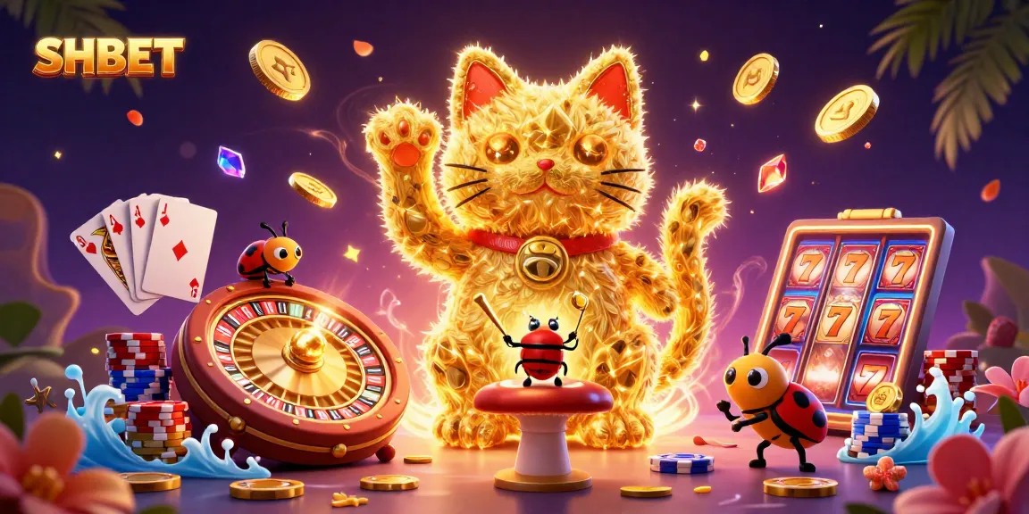Experience the vibrant world of SHBET casino with a lucky cat and dynamic game symbols illustration.