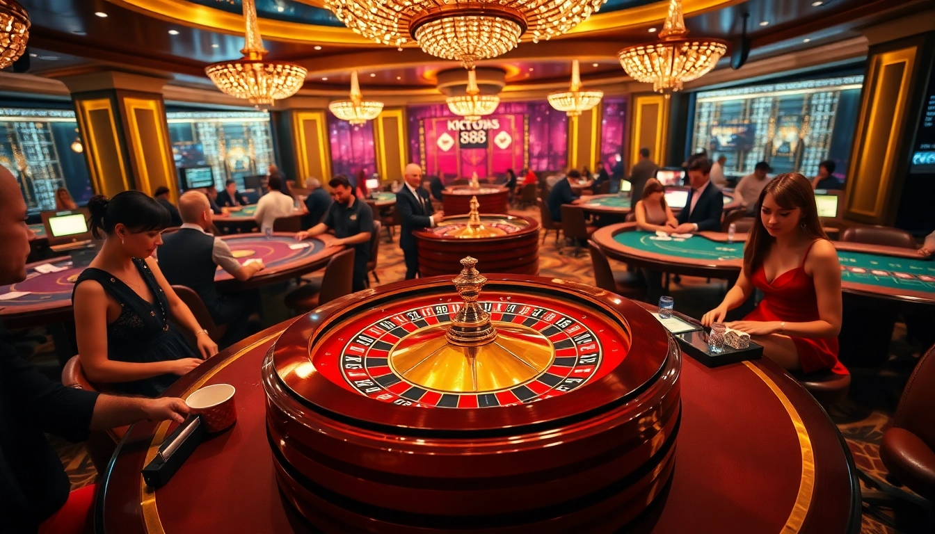 K88 players enjoying an exciting night at the casino with roulette and poker games.