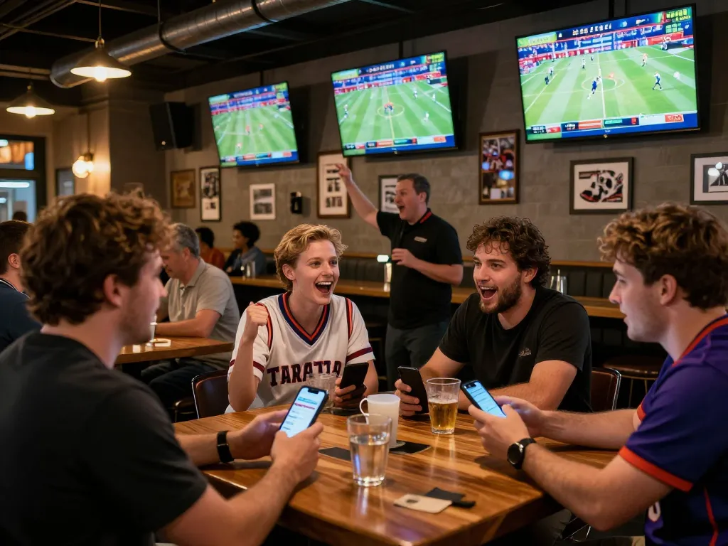 FC88 betting excitement as friends place wagers in a bustling sports bar atmosphere