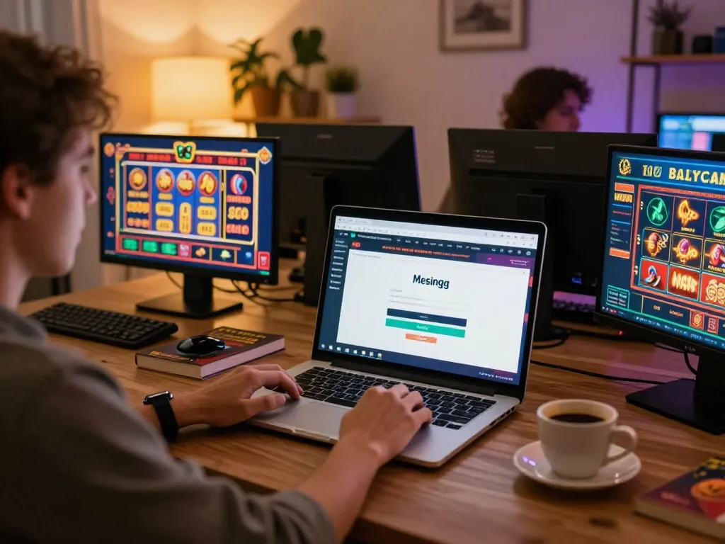 Engaged player using Mesingg login on laptop for online gaming, showcasing a secure setup