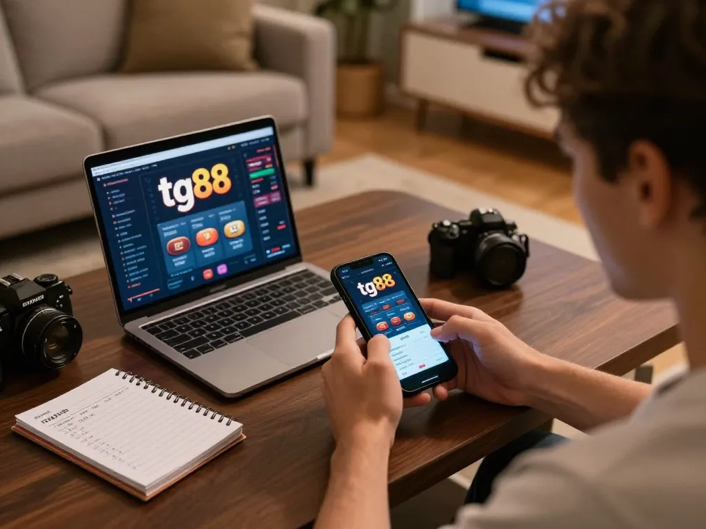 Engaging with tg88 casino app on a smartphone in a stylish home gaming setup.