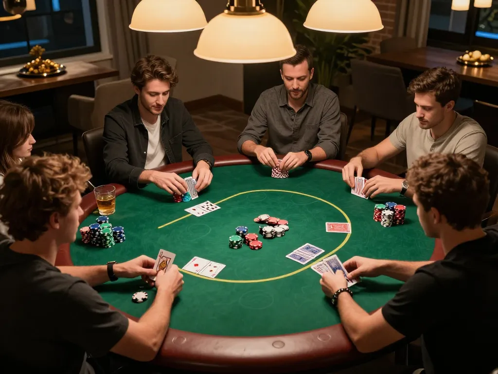 5679z home poker night with friends enjoying a competitive game and warm ambiance.