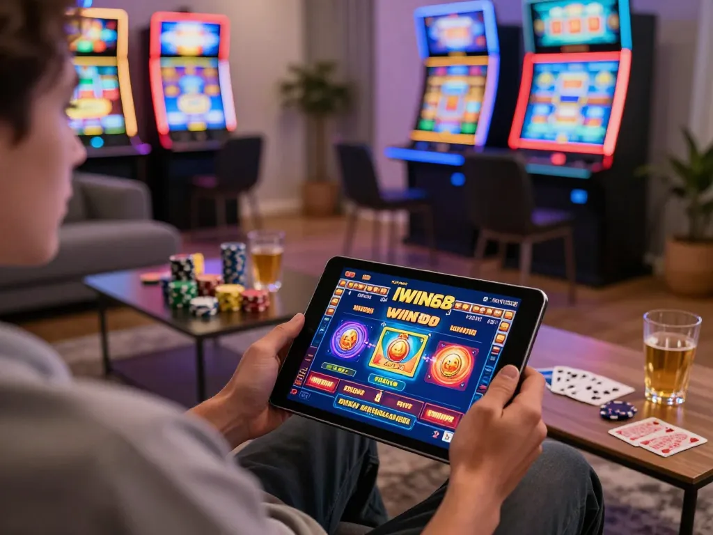IWIN68 user engaging with exciting online slots on a tablet in a cozy living room.