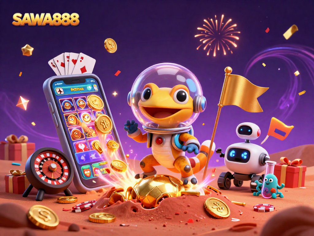 Experience SAWA888 as Martian gecko and friends celebrate a jackpot win in golden casino discovery.
