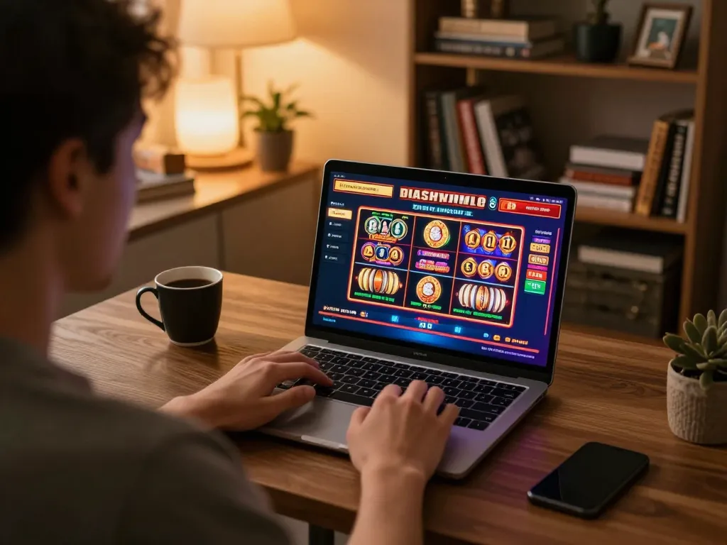 Player interacting with 8live's online casino gaming setup, showcasing vibrant slot games on screen.