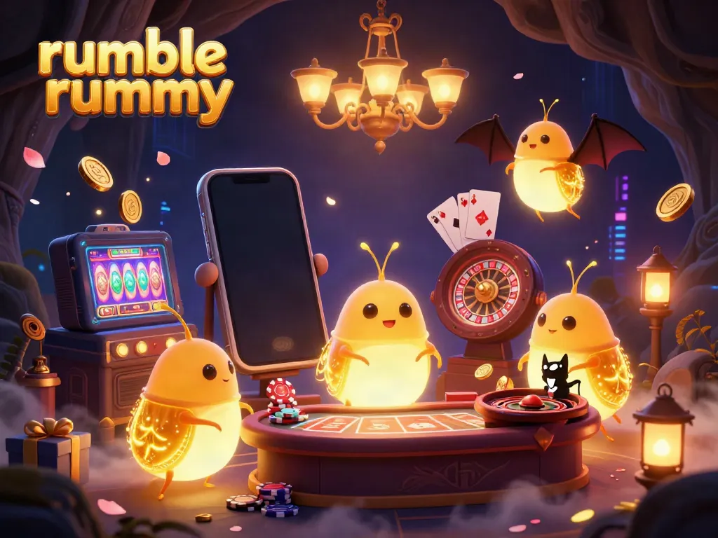 Play rumble rummy at a vibrant cave casino illuminated by glowworms and a bat dealer.