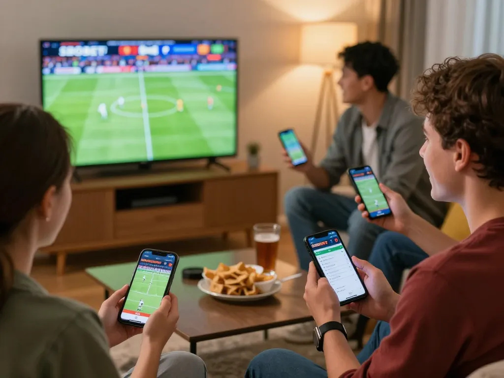 Penggemar SBOBET menganalisis pertandingan sepak bola sambil bertaruh secara online, suasana rumah yang riang