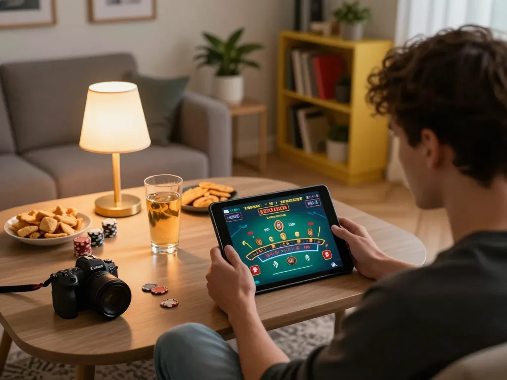Pemain menikmati blackjack di tablet mereka, menjelajahi strategi permainan dengan johnbozier dalam suasana yang nyaman.