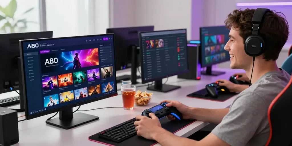 User enjoying the A80 gaming platform at a modern gaming setup with vibrant graphics and dynamic game thumbnails.