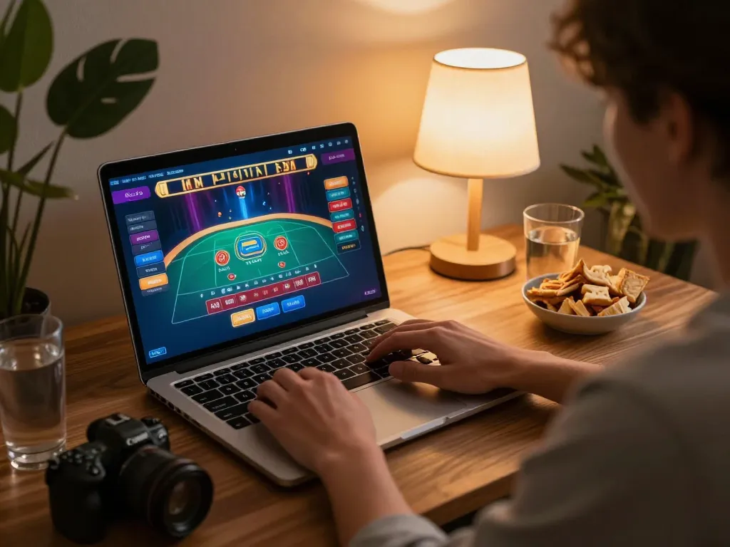 Engaging online gaming session at home using 88vin com interface, showcasing a lively casino atmosphere.