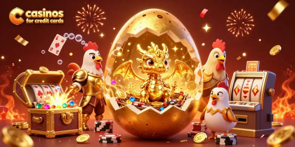 Experience the excitement of casinos for credit cards with golden dragon, poker chips, and festive elements.