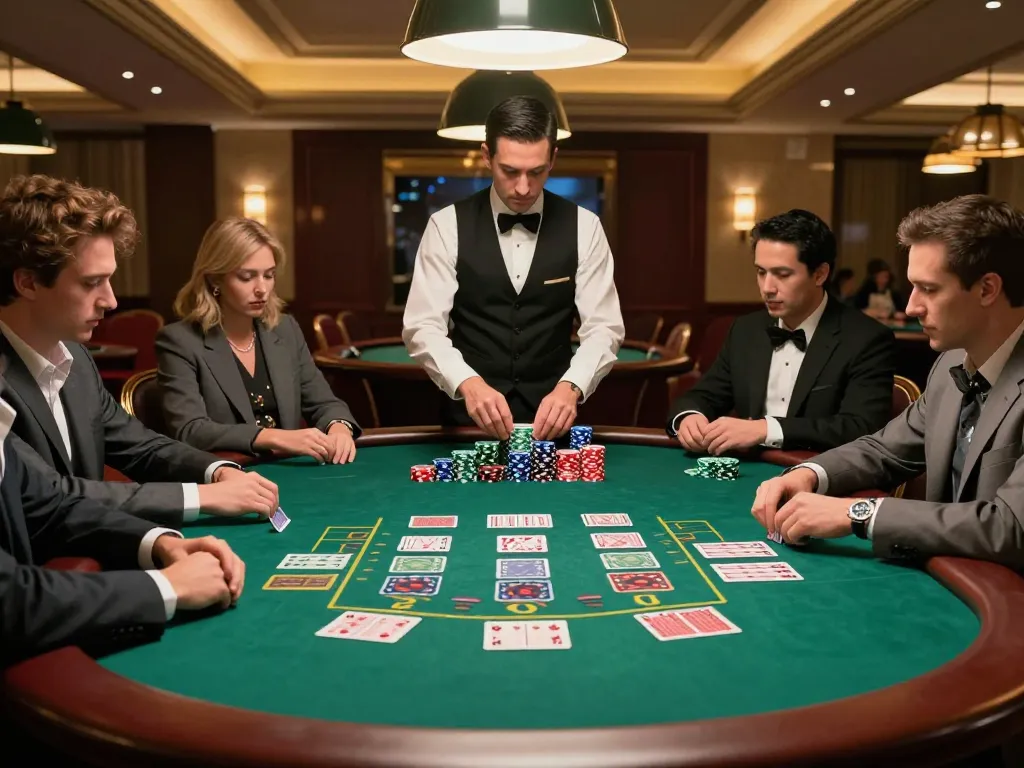 Players competing at a busy blackjack table in a vibrant casino, showcasing 9bet's thrilling atmosphere
