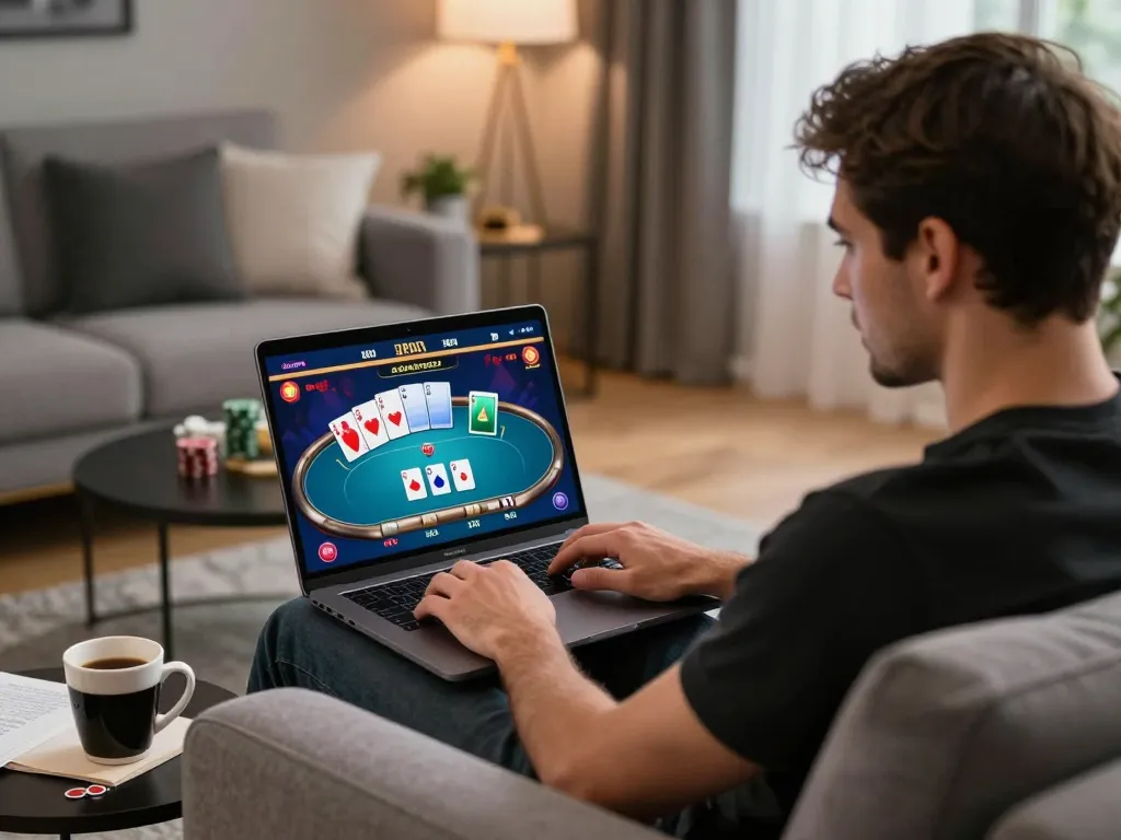 Engaging in online poker through 388bet from a stylish couch, showcasing immersive gameplay experience.