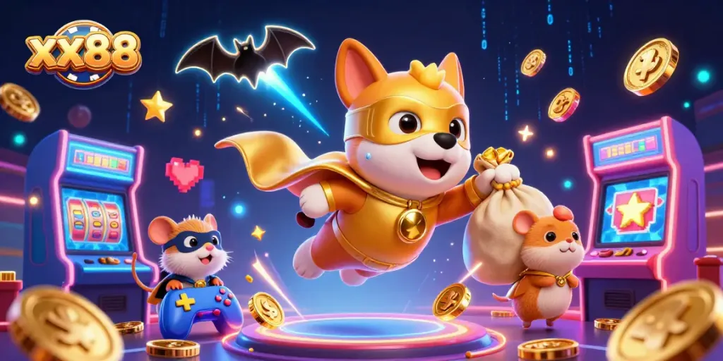 Spin to win with xx88 in this vibrant casino scene featuring a superhero dog and a hamster!