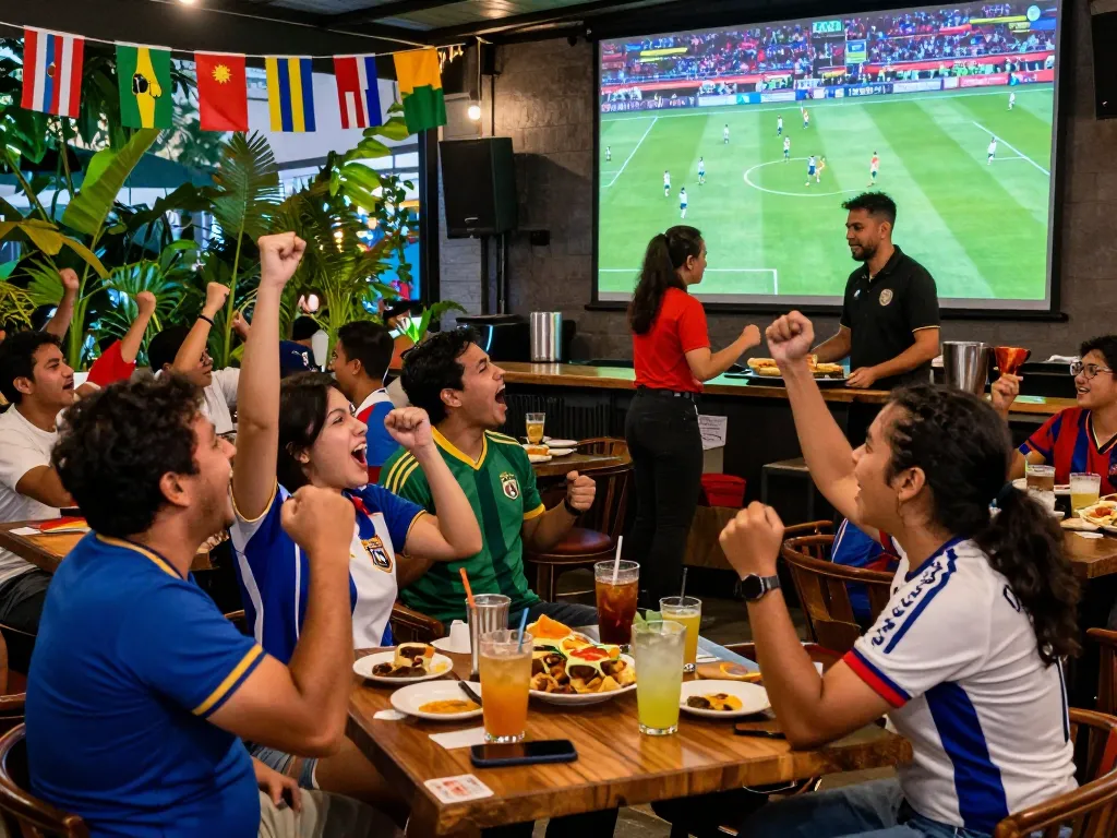 Fans enjoying judi bola at a vibrant outdoor sports bar during a live football match.