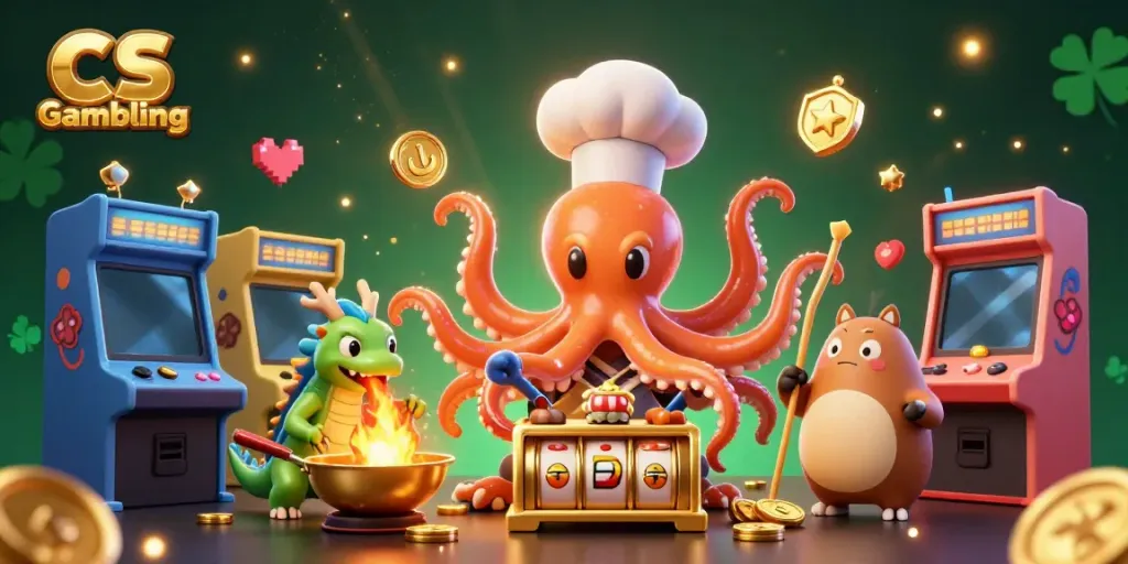 Engaging scene of CS Gambling with an octopus chef, dragon, and tanuki in a vibrant casino