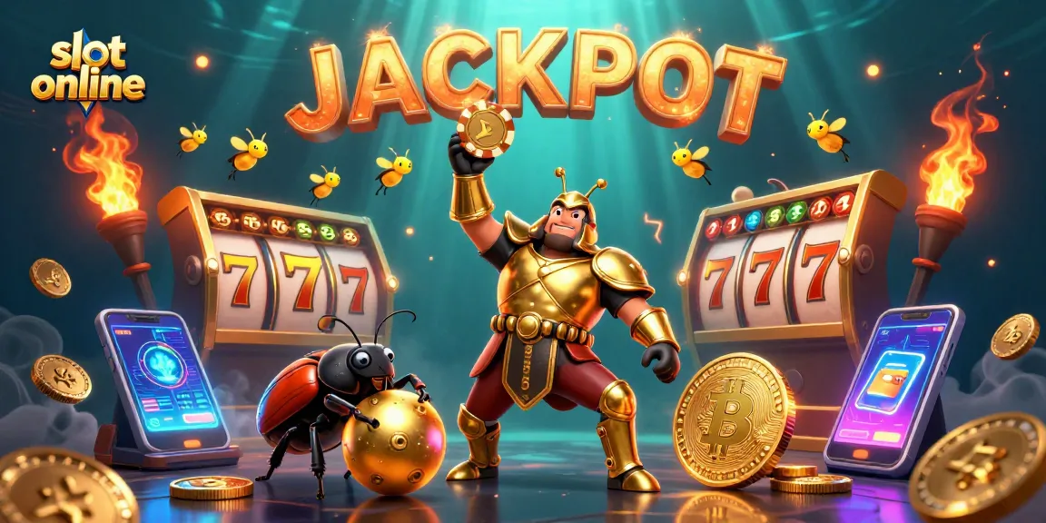 Win big with slot online as a 3D gladiator beetle celebrates a jackpot in a vibrant casino scene