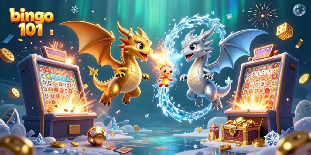 Bingo 101 visual featuring twin dragon characters and flying bingo elements in a colorful and dynamic casino scene.