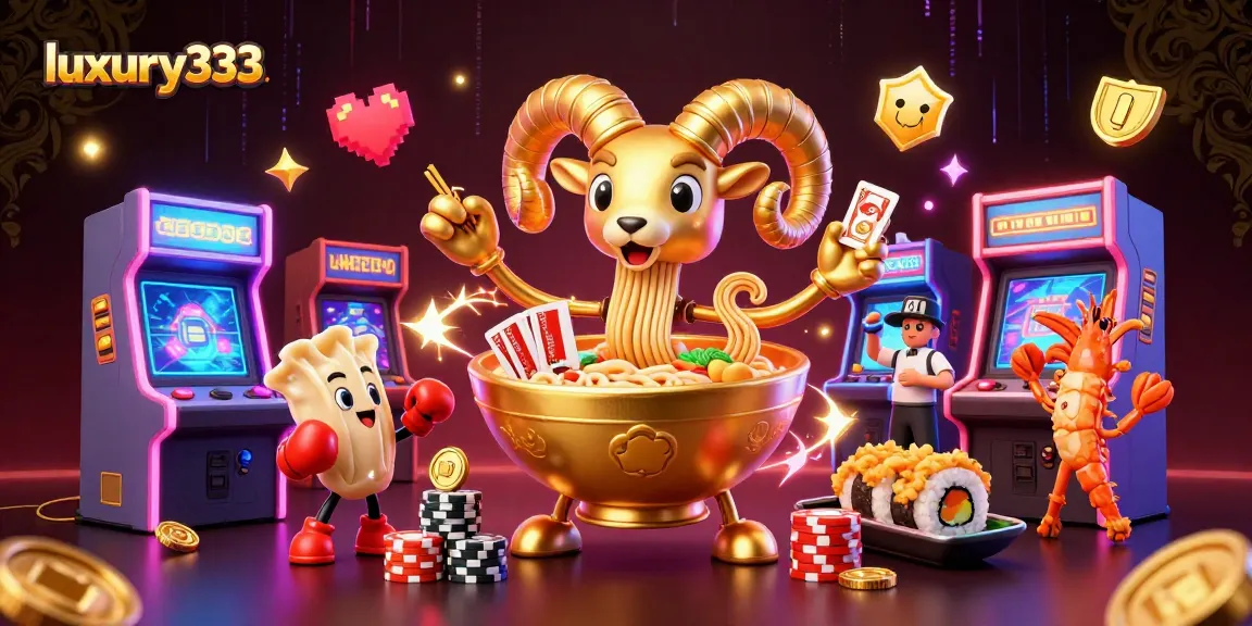 luxury333 menghadirkan suasana kasino dengan ramen raksasa mengocok kartu dan chip dalam ilustrasi 3D yang dinamis.