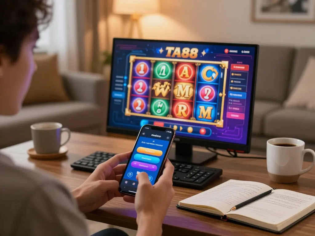 Experience online gaming with TA88 mobile app, showcasing vibrant casino interface, and strategic elements in a cozy setting.