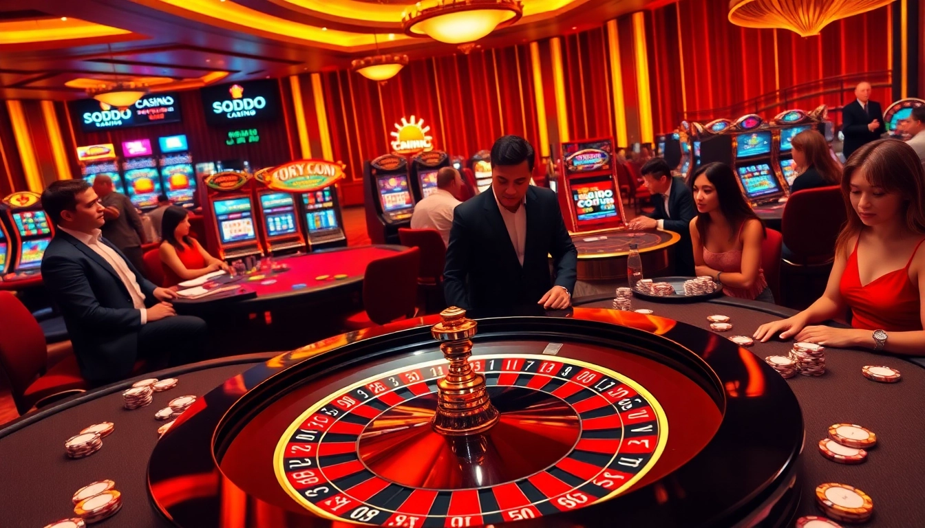 SODO CASINO guests enjoying luxurious games at roulette and slot machines.