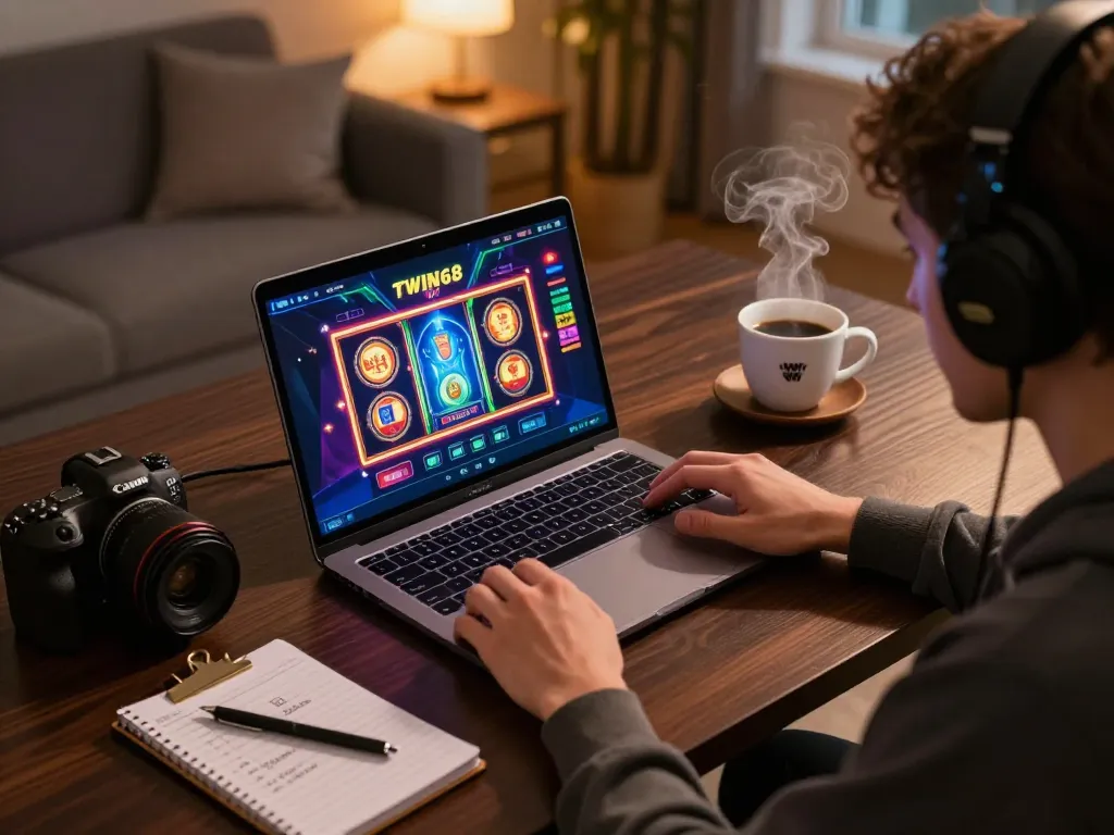 TWIN68 player enjoying an online slot game on a laptop at home with strategic notes nearby.