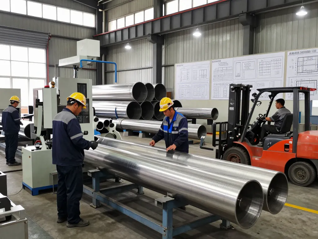 Sumwin stainless steel manufacturing scene with skilled workers and advanced machinery in a vibrant industrial setting.