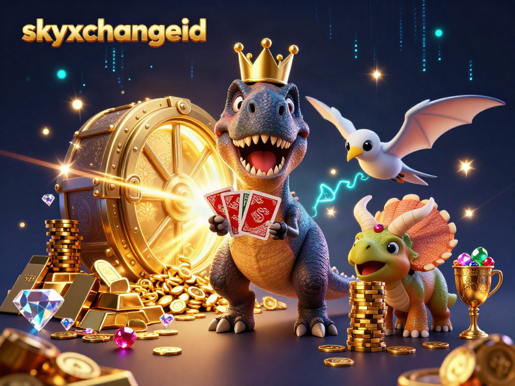 Engaging scene showcasing skyxchangeid with a friendly dinosaur duo playing cards in a vibrant, treasure-filled casino environment.