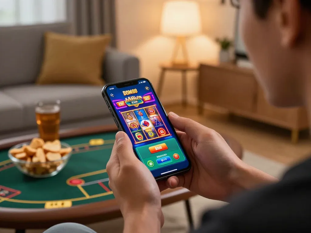 Pemain menikmati slot yang menarik di aplikasi mobile pupisgames selama sesi permainan di rumah yang nyaman