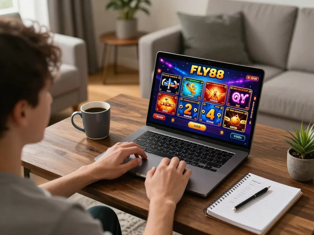 FLY88 user enjoying online gaming experience with vibrant graphics and strategic notes