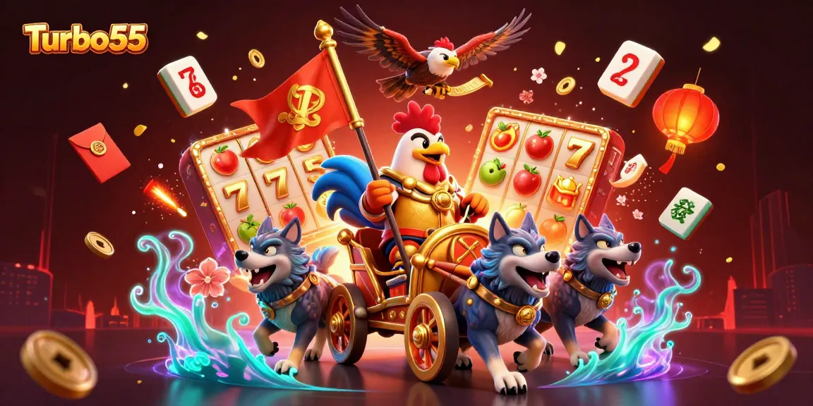 Turbo55 features a dynamic scene with a rooster warlord and game symbols signifying thrilling casino action.