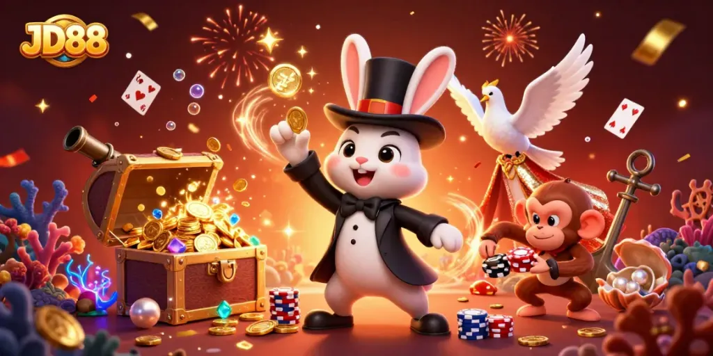 Experience the thrill of JD88 with a magician rabbit, a dove, and a monkey in a lively 3D casino scene.