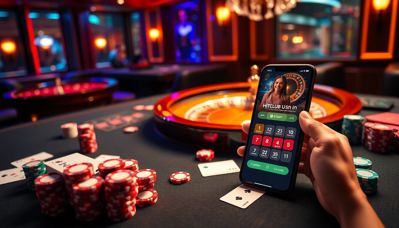 Experience Hitclub uy tín with engaging casino visuals showcasing poker chips, roulette wheels, and a vibrant atmosphere.