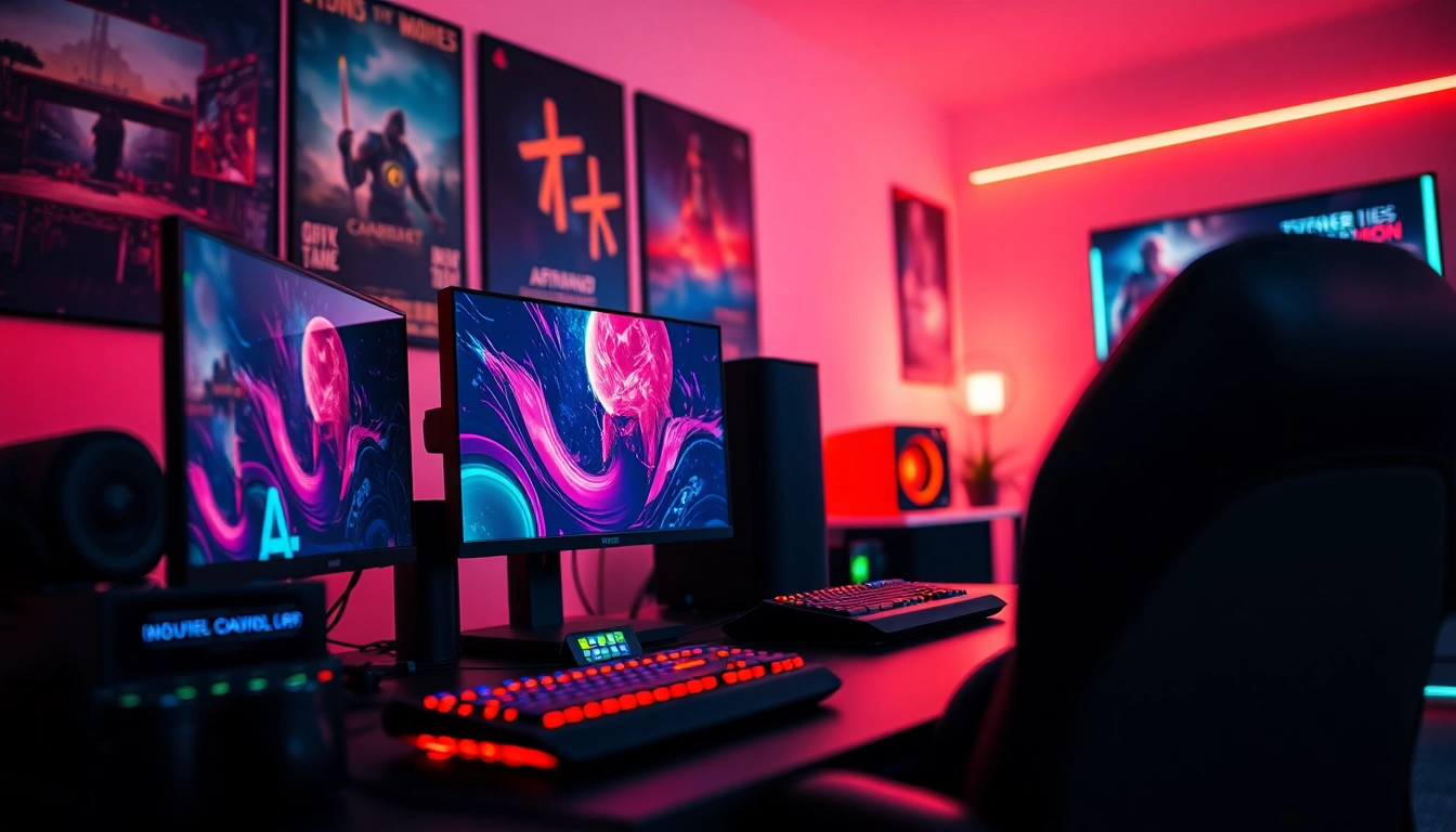 Online casino spielen in a dynamic gaming setup with vibrant LED lights and high-end peripherals.